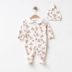 Bebeva Baby Yenidoğan Erkek Bebek %100 Pamuklu Fiyonk Detaylı Ayıcık Desenli Patikli Tulum - Beyaz - 6 - 9 Ay