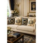 Bebişim Halı 4’lü Lacivert Gold Çiçek Desenli Kırlent Kılıfı Seti Luxury Dekoratif Yastık