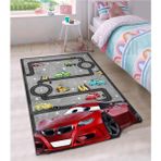 Bebişim Halı Eğitici Yol Yarış Kırmızı Şimşek Araba Desenli Çocuk Odası Halısı - 100 x 150 cm - Gri