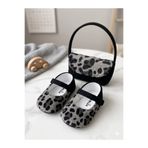BEBLUXBABY Leopar Desenli Gri Siyah Babet Kız Bebek Ayakkabı Çanta Set