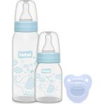 Bebsi 3'lü Set Mavi 125/250 ml Polipropilen Biberon ve Damaklı Emzik 0-6 Aylık Bebekler İçin