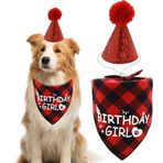 Bebudmedy Köpek Doğum Günü Kız Bandana ve Şapka Seti Doğum Günü Kız Baskılı Ekose Köpekler Parti Malzemeleri Küçük Orta Büyük Evcil Hayvanlar için Üçgen Eşarp Önlükler Kırmızı, 2 Parça Set