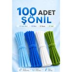 Bee Flower Shop 100 Adet Şönil Tel 30 cm Açık Mavi Koyu Mavi Beyaz Yeşil Tüylü Tel Şönil Çubuk Hobi ve Çiçek Yapımı Malzemesi