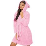 BeerMmay Kadın Bornoz Kısa Kapüşonlu - Kabarık Sauna Bornozu Sabahlık Gece Kıyafeti Polar Sabahlık Kulaklı Kapüşonlu, Pembe., L