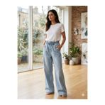 BEES JEANS Angela Kadın Kar Mavi Beli Lastikli Bagcıklı Cepli Bol Paça İnce Kumaş Kot Pantolon(TESETTÜRE UYGUN)