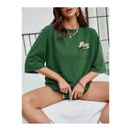 BEETON Cep Çiçek Tasarım T-Shirt - Nefti Yeşil Baskılı Oversize Bisiklet Yaka Kısa Kol Tişört