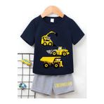 BEETON Excavator Baskılı Çocuk Lacivert T-Shirt- Gri Şort Takım - Çocuk Yazlık Sıfır Yaka