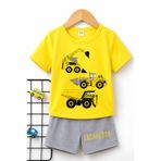 BEETON Excavator Baskılı Çocuk Sarı T-Shirt- Gri Şort Takım - Çocuk Yazlık Sıfır Yaka