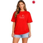 BEETON Kırmızı Oversize Kadın Tişört %100 Pamuk Happy Baskılı Salaş Basic Yazlık Rahat T-Shirt