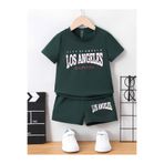 BEETON Los Angeles California Baskılı Nefti Yeşil Çocuk T-Shirt-Şort Takım - Çocuk Yazlık Sıfır Yaka
