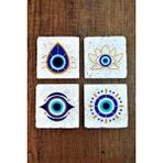 Begoloni Doğal Taş Bardak Altlığı 4'lü Set 10X10X1 cm Nazar Boncuğu Desenli - Evileye Stone Coasters - 10 x 10 x 1 cm