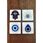 Begoloni Doğal Taş Bardak Altlığı 4'lü Set 10X10X1 cm Nazar Boncuğu Desenli - Evileye Stone Coasters 353 - 10 x 10 x 1 cm