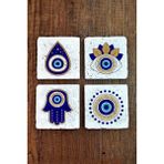 Begoloni Doğal Taş Bardak Altlığı 4'lü Set 10X10X1 cm Nazar Boncuğu Desenli - Evileye Stone Coasters 355 - 10 x 10 x 1 cm