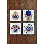 Begoloni Doğal Taş Bardak Altlığı 4'lü Set 10X10X1 cm Nazar Boncuğu Desenli - Evileye Stone Coasters 356