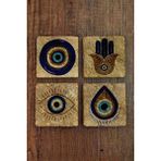 Begoloni Doğal Taş Bardak Altlığı 4'lü Set 10X10X1 cm Nazar Boncuğu Desenli Stone Coasters - 10 x 10 x 1 cm
