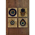 Begoloni Stone Decor Doğal Taş Bardak Altlığı 4'lü Set 10x10x1 Cm Nazar Boncuğu Desenli Stone Coasters