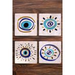 Begoloni Taş Bardak Altlığı Nazar Boncuğu Baskılı 4'lü Set - 10 x 10 x 1 cm