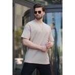 Bej Basic Bisiklet Yaka Erkek Tişört E7133 - 2XL