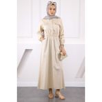 Bej Bel Lastikli Cepli Gabardin Elbise - 48