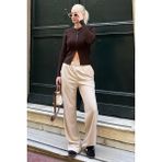 Bej Beli Lastikli Yüksek Bel Ispanyol Paça Triko Pantolon MG2211