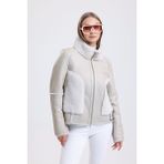 Bej Deri Ceket, Beyaz Kürklü, Dik Yaka, mm Logolu, Şık Deri Ceket - 111622 - XS