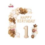 Bej Happy Birthday 1 Yaş Folyo Balon Bej Beyaz Kahverengi Konsept Doğum Günü Parti Seti
