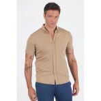 Bej İtalyan Düğmeli Yaka Kısa Kol Cepsiz Slim Fit Gömlek 1004250255