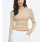 Bej Kadın Off Shoulder Uzun Kollu Bluz MG2567