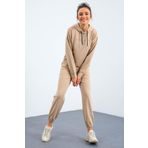 Bej Kapüşonlu Kanguru Cep Oversize Lastik Paça Kadın Eşofman Takımı - 95288 | XXL