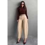 Bej Modern Kesim Kemerli Yüksek Bel Bol Paça Kumaş Pantolon MG2618