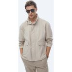 Bej Oversize Fit Dik Yaka Casual Dokuma Mont - 2XL