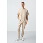 Bej Pamuklu Kalın Yumuşak Dokulu Oversize Fit Basic Erkek Eşofman Takım - 85261
