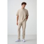 Bej Pamuklu Kalın Yumuşak Dokulu Oversize Fit Nakışlı Erkek Eşofman Takım - 85252