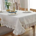 Bej Pamuklu Keten Masa Örtüsü 140x180 cm, Yıkanabilir Dikdörtgen Fırfırlı Düz Bahçe Kahve Dış Mekan Vintage Düğün Dekorasyonu - BE