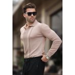 Bej Polo Yaka Çizgili Erkek Triko Kazak 7265 - XL