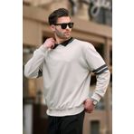 Bej Polo Yaka Oversize Kolu Şeritli Erkek Sweatshirt 7048