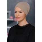 Bej Pratik Hazır Geçmeli Tesettür Bone Sandy Kumaş Taçlı Büzgülü 1208_12