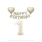 Bej Rengi Happy Bırthday Set Kalp ve Rakam Folyo Balon Seti Yaş 1