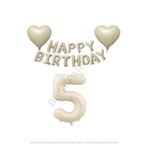 Bej Rengi Happy Bırthday Set Kalp ve Rakam Folyo Balon Seti Yaş 5