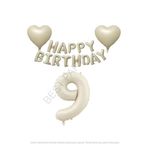 Bej Rengi Happy Bırthday Set Kalp ve Rakam Folyo Balon Seti Yaş 9