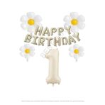 Bej Rengi Happy Bırthday Set rakam ve Papatya Folyo Balon Seti Yaş 1