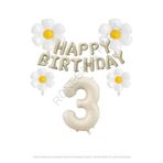 Bej Rengi Happy Bırthday Set rakam ve Papatya Folyo Balon Seti Yaş 3