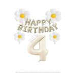 Bej Rengi Happy Bırthday Set rakam ve Papatya Folyo Balon Seti Yaş 4