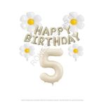Bej Rengi Happy Bırthday Set rakam ve Papatya Folyo Balon Seti Yaş 5
