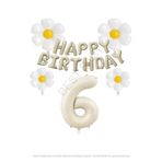 Bej Rengi Happy Bırthday Set rakam ve Papatya Folyo Balon Seti Yaş 6