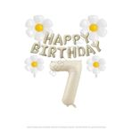 Bej Rengi Happy Bırthday Set rakam ve Papatya Folyo Balon Seti Yaş 7