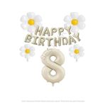 Bej Rengi Happy Bırthday Set rakam ve Papatya Folyo Balon Seti Yaş 8