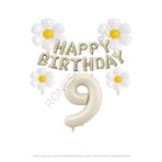 Bej Rengi Happy Bırthday Set rakam ve Papatya Folyo Balon Seti Yaş 9