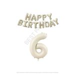 Bej Rengi Happy Bırthday ve Rakam Folyo Balon Seti Yaş 6