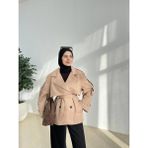 Bej Renk Moda Aksa Kadın Kuşaklı Astarlı Trençkot Ceket Yaka Normal Kalıp - Standart